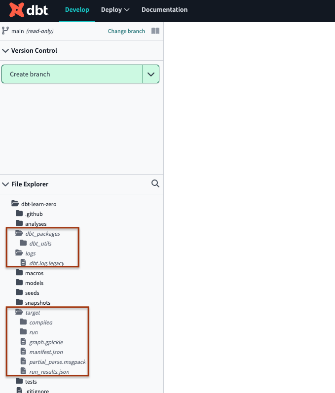 A dbt project on the main branch that has properly configured gitignore folders (highlighted in italics).